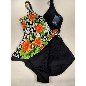 Jantzen Sz 14 Black Floral Hibiscus Cabana Queen One Piece Swimsuit NWT